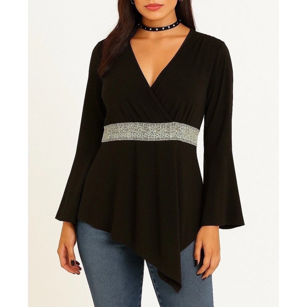 jtb Womens Blouse Top Black XL Asymmetrical Hem Top Bell Sleeve  Sequin Waist
